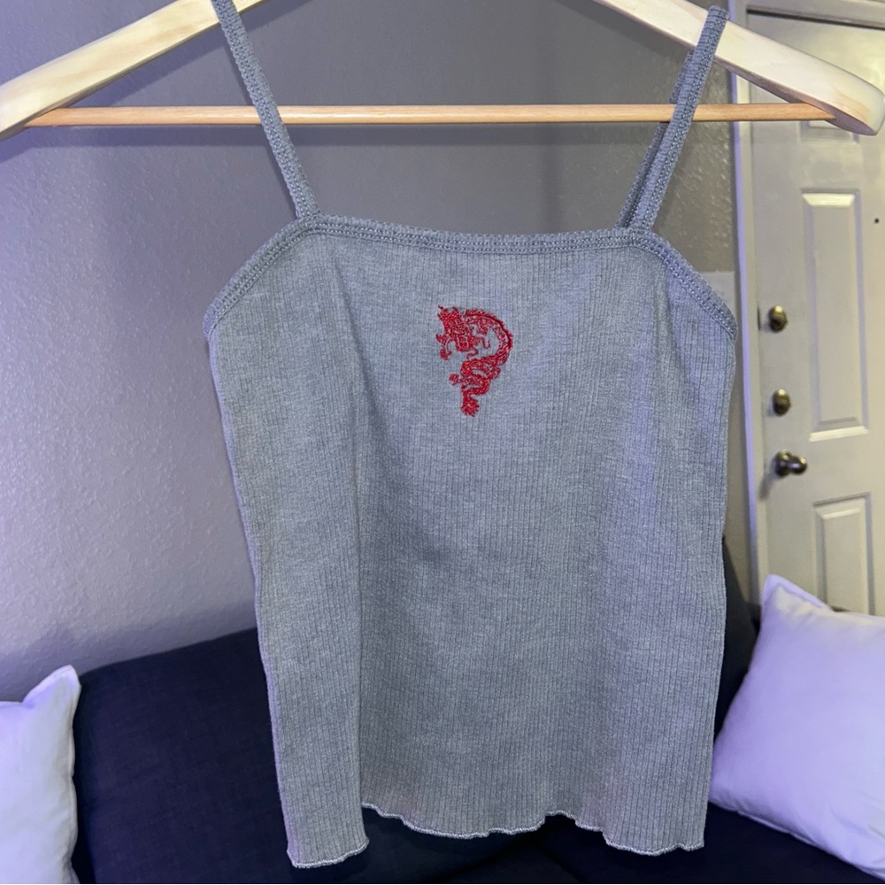 Grey spaghetti strap crop top w/ embroidery